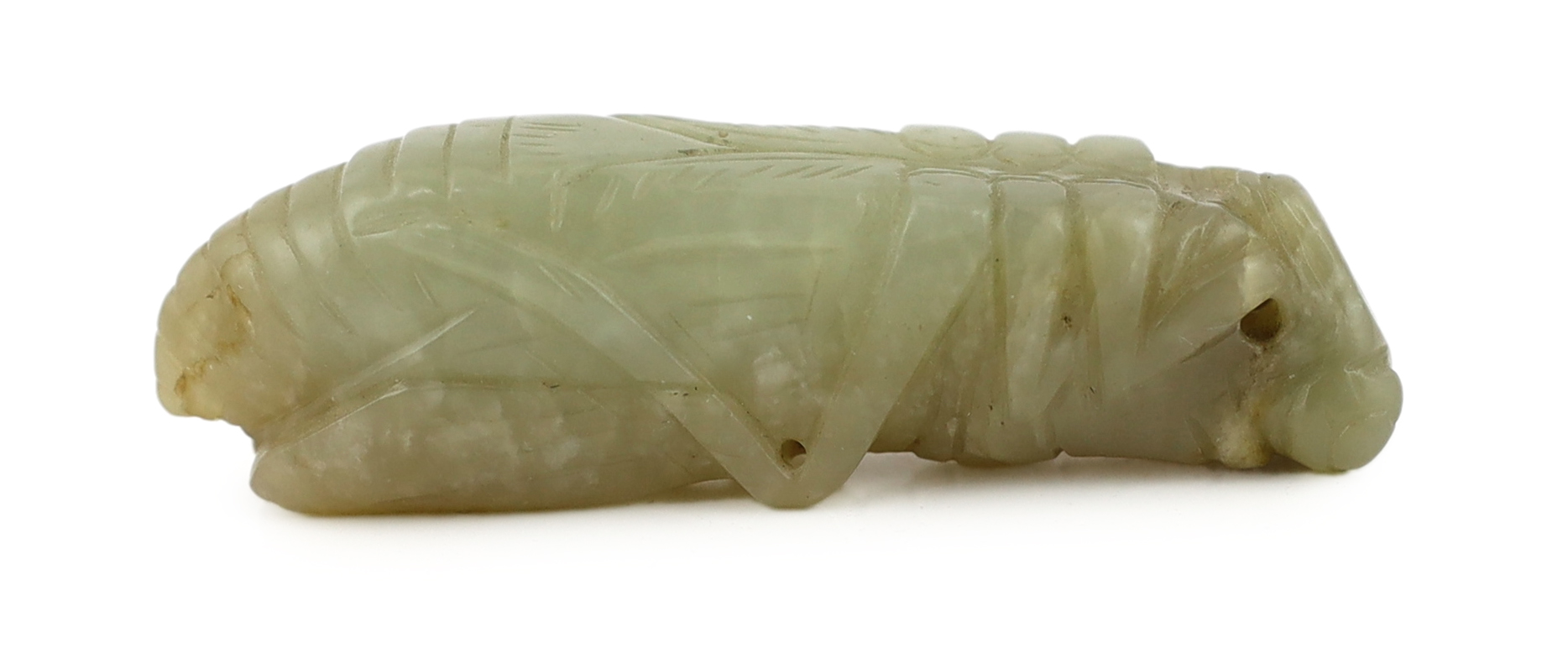 A Chinese pale celadon jade grasshopper pendant, 18th/19th century